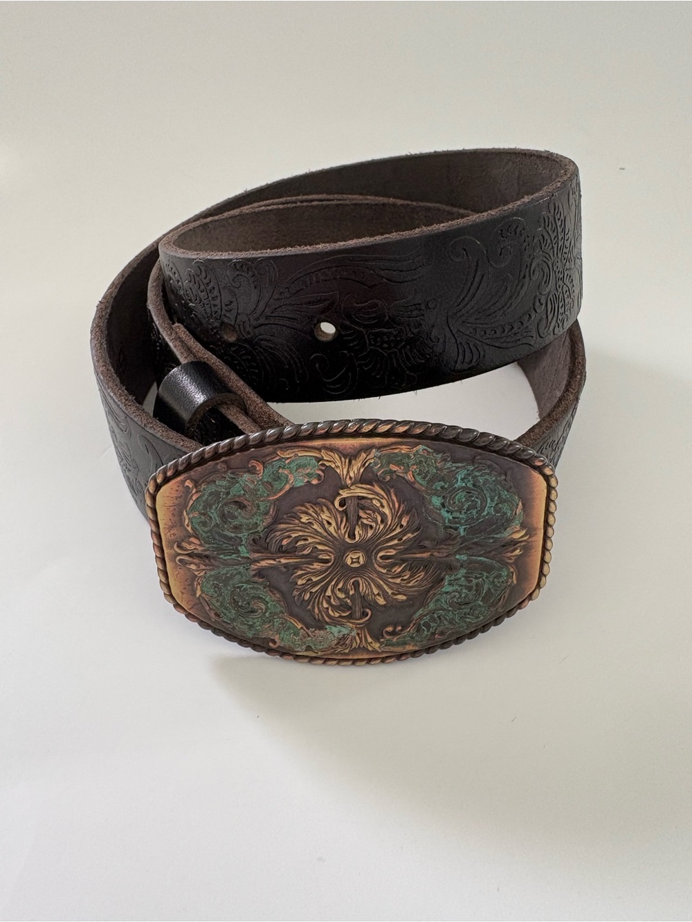 Western antique brass floral embossed buckle with black leather belt size 36